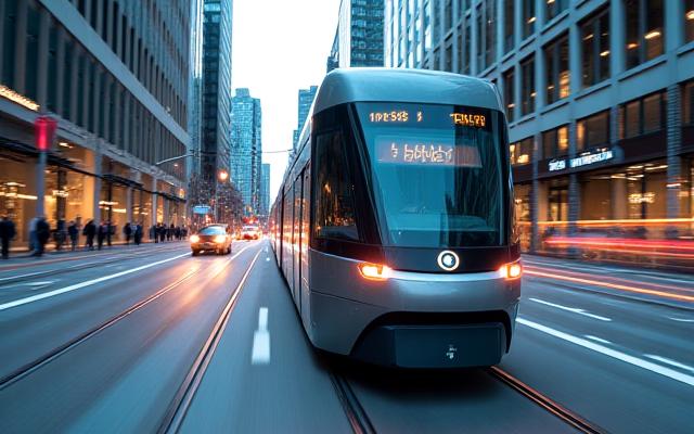 都市を走るモダンな路面電車と連動するスマート信号システム