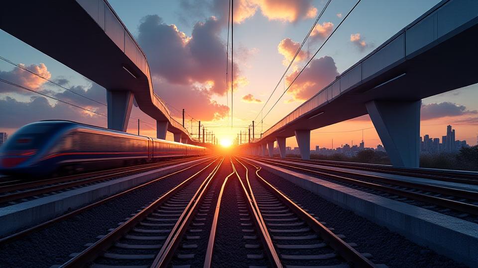 都会の鉄道インフラが夕日に照らされ、未来を感じさせるショット。精密さと美しさが融合したデザイン